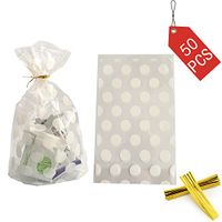Clear Cello Bags Candy Cookie Treat Plastic Bag White Dot Cellophane party favor bags with Twist Ties for Wedding,Bridal Shower,Birthday,Baby Shower,celebration party supplies decorations,50pcs