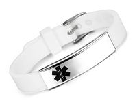 JF.JEWELRY Medical ID Alert Bracelet for Men Silicone Band & Stainless Steel Tag Free Engraving-White