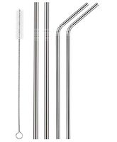 Set of 8 Stainless Steel Straws – 4 Straight Extra Wide + 4 Bent Angled Extra Long Straws – Great for Smoothie, Shakes, Thick Drinks or juices – Reusable Straws – BPA free – 2 Bonus Cleaning Brush