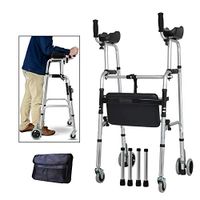 XIHAA Elderly People Standard Walker,Foldable Adjustable Walking Assist Equipped Wheels Equipped with Arm Rest Pad for The Limited Mobility with Disabled,FourWheels+Seats+Bag