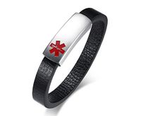 PJ Personalized Stainless Steel Genuine Leather Emergency Medical Alert ID Bangle Bracelet for Men,8.6"