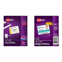 Avery Name Badge Inserts, Print or Write, 3" x 4", 300 Cardstock Refills (5392), White and Avery Heavy-Duty Clear Badge Holders, Fits Inserts up to 3" x 4", Landscape, 25 Holders (74471)