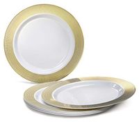 " OCCASIONS" 240 Plates Pack, Heavyweight Disposable Wedding Party Plastic Plates (6.25'' Dessert/Bread Plate, Linen in White & Gold)