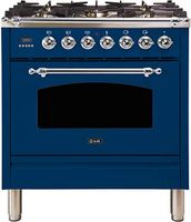 Ilve UPN76DMPBLX Nostalgie Series 30 Inch Dual Fuel Convection Freestanding Range, 5 Sealed Brass Burners, 3 cu.ft. Total Oven Capacity in Blue, Chrome Trim (Natural Gas)