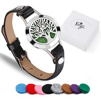Aromatherapy Essential Oil Diffuser Bracelet Stainless Steel Locket Black Leather Band Jewelry w/ 8pcs Cotton Pads, Gift for Girls/Women (Without essential oils)