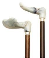 Walking Cane-White marbleized right hand. This wooden cane has a palm grip molded handle good for those with arthritis problems. This walking stick cane has a 36 inch long hardwood shaft. This walking aid hast a weight capacity of 250 pounds.