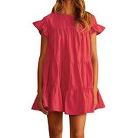 Beihxwe Women Cute Ruffle Sleeve Bodydoll Mini Dresses Summer Eyelet Casual Short Tank Dress (XXL, Red)