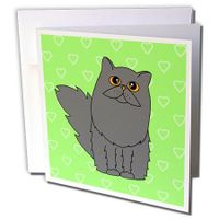 3dRose Grey Long-haired / Persian Cat Green Hearts - Greeting Cards, 6 x 6 inches, set of 6 (gc_6088_1)