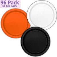 96 Paper Dinner Plates (9") - White, Orange, Black - 32 Per Color, 3 Colors - Great Assortment for Birthday Parties, Weddings, Holidays, Baby Shower, Celebrations, and more