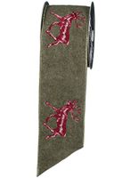Wide Fabric Ribbon/Christmas Tree Garland, Olive Green Felt with Embroidered Reindeer, 4" x 5 Yards
