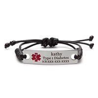 BAIYI Jewelry Medical Alert ID Bracelet Stainless Steel with Braided Rope Emergency Medical Bracelet Black (Free Engraving)