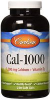 Carlson - Cal-1000, 1000 mg Calcium + Vitamin D3, Bone Support, Healthy Teeth & Calcium Absorption, 250 Softgels