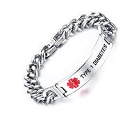 Mealguet Jewelry Type 1 DIABETES-12mm Stainless Steel Medical Alert ID Chain Bracelets for Men, 8.2"/Deep Black Engraving