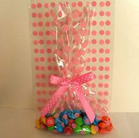 Weststone 25pcs 5"x8" Polka Dot Pink Gift Cello Bag + Pre-Tied Ribbon Bow for Cookie Candy Snack Wrapping Party Favor