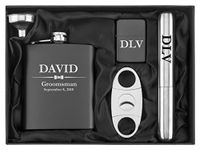 Engraved 7oz Stainless Steel Flask Funnel Cigar Cutter Lighter Wedding Bow Tie Gift Set Custom Personalized