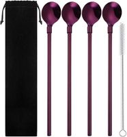Reusable 10 Inch Stainless Steel Spoon Straws - WEEGCN 4-Pack Drinking Straws Mixing Spoon for cold cereal, Ice Cream, Milkshakes, Smoothies with Cleaning Brushes & Storage Pouch,Purple