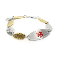 My Identity Doctor - Customized Medical ID Bracelet with Engraving for Ladies - 1.5cm Gold Tone Steel Petals - Red - Wrist Size 8 Inch