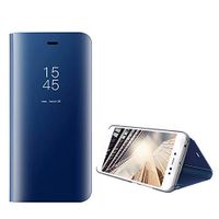 Amocase Smart Clear View Case with 2 in 1 Stylus for Samsung Galaxy A7 2018,Ultra Slim Electroplate Plating Stand Mirror Full Body Shockproof PC + Magnetic PU Leather Flip Case - Blue