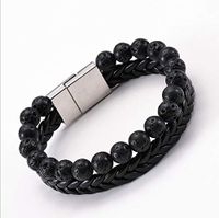 Wild Essentials Double Black Leather Lava Stone Essential Oil Diffuser Bracelet, 8 inch band, Aromatherapy Jewelry for Men or Women