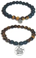 Hidden Hollow Beads Charm Tigers Eye and Black Lava Natural Stone Women's Yoga Beaded Stretch Bracelet Set. Comes in A Gift Box! (Not All Those who Wander are Lost)