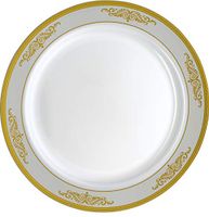 [20 Count - 10 Inch Plates] Laura Stein Designer Tableware Premium Heavyweight Plastic White Dinner Plates Gold Rim And Brushed Accents, Party & Wedding Plate, Traditional Series, Disposable Dishes