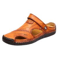 Yomiafy Men's Soft Leather Closed Toe Sandals Breathable Outdoor Casual Beach Slipper(Yellow,US:11)