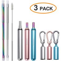 3 Pack Metal Straws Reusable Stainless Steel Straws Collapsible Drinking Straws with Travel Case Cleaning Brush Silicone Tips Rose Gold/Silver/Turquoise