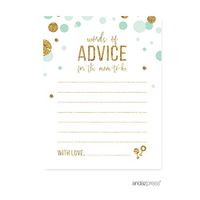 Andaz Press Mint Green Gold Glitter Boy Baby Shower Party Collection, Games, Activities, Decorations, Advice for Mom Cards, 20-Pack