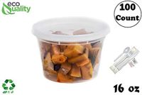 16 oz - 100 Count - Plastic Soup Containers with Cutlery for Meal Prep, Soup, Deli Containers, Lunch, Togo, Microwave Safe, Dishwasher Safe Containers, Heavy Duty Clear Plastic BPA Free (16 Ounce)