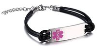 JF.JEWELRY Simple Leather Link Stainless Steel Medical Alert ID Bracelet for Women Adjustable,Pink