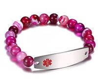 JF.JEWELRY Free Engraving Medical Alert ID Bracelet for Women and Men with Pomegranate Pattern Beaded Stretch Link