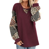 Sunhusing Women's Casual Round Neck Ethnic Style Small Floral Print Long Sleeve Lantern Sleeve Pullover Top(Wine,XL)