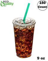 Small Clear Plastic Disposable Cups With Lids | 9 oz Cups, 150 Pack | Crystal Clear PET Cup | Cold Smoothie | Iced Coffee Go Cups | Ideal for Coffee, Parfait, Juice, Soda, Cocktail, Party Cups