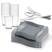 Kaya Collection - Wave Silver Disposable Plastic Dinnerware Party Package - Includes Dinner Plates, Salad/Dessert Plates, Silver Cutlery, Tumblers (120 Person Package)