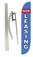 LookOurWay Now Leasing Feather Flag Complete Set with Pole & Ground Spike, Blue & Red