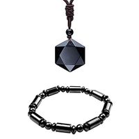 Black Obsidian Hexagram Natural Stone Pendant Necklace and Hematite Bracelet Hematite Metal Magnetic Therapy Bracelets