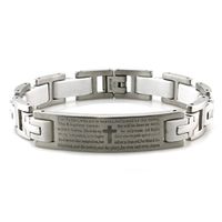 Tioneer Stainless Steel Lord's Prayer ID Biker Bracelet w/White Rubber Links 8.5"