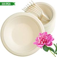 Kikigreen Paper Bowls And Spoons [220 PACK] Compostable Soup Bowls, Microwavable Disposable Heavy Duty Bagasse Sugar Cane Fiber 12-oz