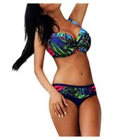 Women's Plus Size Print Bathing Suit Top Large Cup with High Waisted Bottom Bikini Set Navy