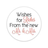 60ct - 1.5" - Wishes for Riches for The New Mr and Mrs, Lottery Ticket Wedding Favor Stickers (#214-BC)