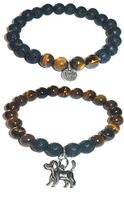 Hidden Hollow Beads Charm Tigers Eye and Black Lava Natural Stone Women's Yoga Beaded Stretch Bracelet Set. Comes in A Gift Box! (Dog Charm)