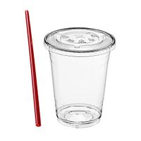 (50 Sets) 12 oz Clear Plastic Cups with Lids and FREE Straws, Disposable Crystal Clear PET Cups with Flat Straw Slot Lids for Cold Drinks, To Go Iced Coffee, Juice, Soda, Bubble Boba Tea, Smoothie