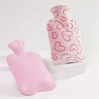 Hot Water Bag with Cute Cartoon Plush Jacket - Pink Heart - Rubber Portable Water Injection Warm Bag