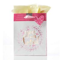 Christian Art Gifts Pink/Gold Gift Bag Set | You are Loved 1 John 4:19 Bible Verse | Medium Gift Bag with Tissue Paper and Heart Tag for Valentines Day