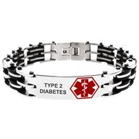 Tioneer Stainless Steel Medical Alert ID Badge Black Rubber Accent Biker Link Bracelet, Type 2 Diabetes