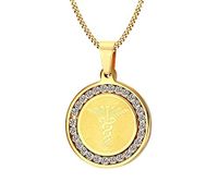 AMOZO JEWELRY Free Engraving Medical Alert Stainless Steel Necklace with Round Cubic Zircon Pendant for Men and Women