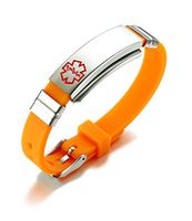 PJ Jewelry Free Engraving Unisex Silicone and Stainless Steel Medical Alert ID Bracelets, Adjustable,Orange