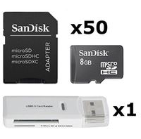 50 PACK - SanDisk 8GB MicroSD HC Memory Card SDSDQAB-008G (Bulk Packaging) LOT OF 50 with SD Adapter and USB 2.0 MicoSD & SD Memory Card Reader 
