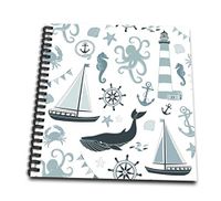 3dRose db_123491_1 Blue and White Nautical Theme Octopus, Boat, Anchor Drawing Book, 8 by 8-Inch