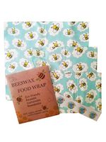 Beeswax food wrap Set of 3 FDA approved Alternative to plastic and tin foil to wrap fresh and cold items (Blue honeybee) plus biodegradable stickers